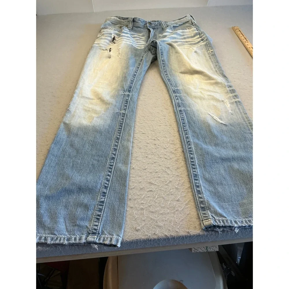 Affliction Y2K Blake Jeans Distressed Straight Leg 33 Regular Light Wash Buckle